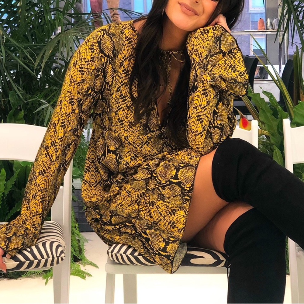 Yellow Snake Print Tie Neck Smock Dress